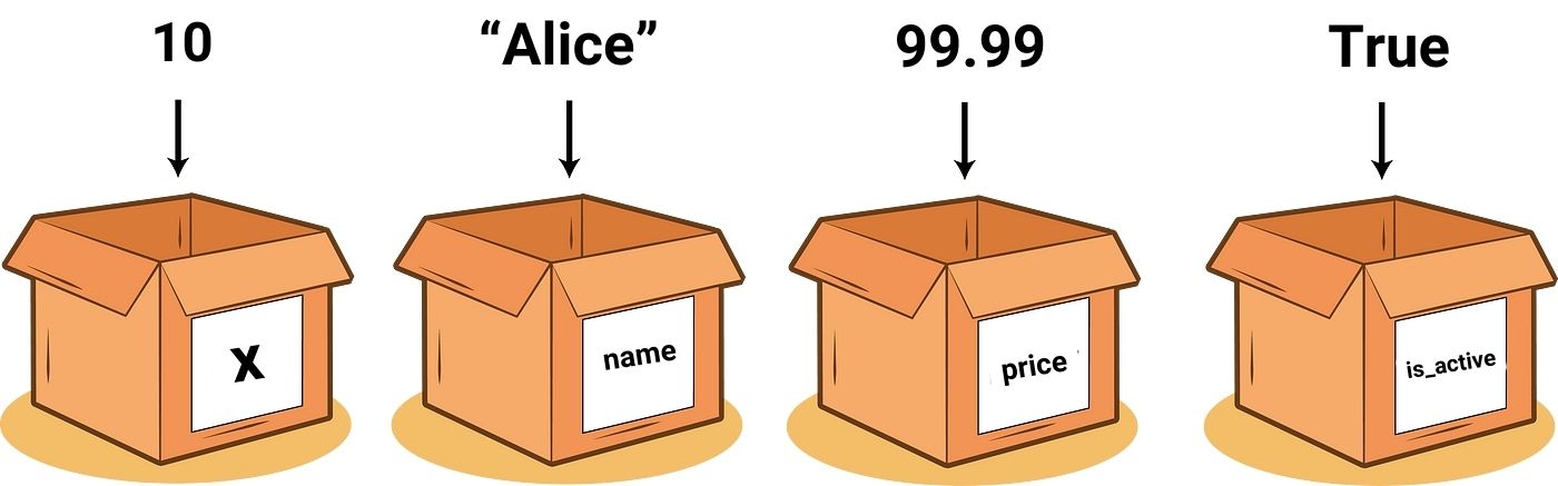Four open boxes labeled as variables, each containing a different data type: an integer (10) in "X", a string ("Alice") in "name", a floating-point number (99.99) in "price", and a boolean (True) in "is_active".