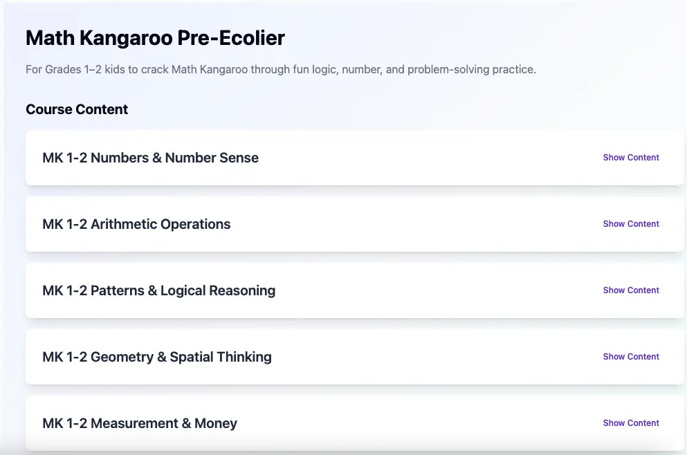 Online Math Kangaroo Pre-Ecolier course layout showing four learning modules for Grade 1–2 students.