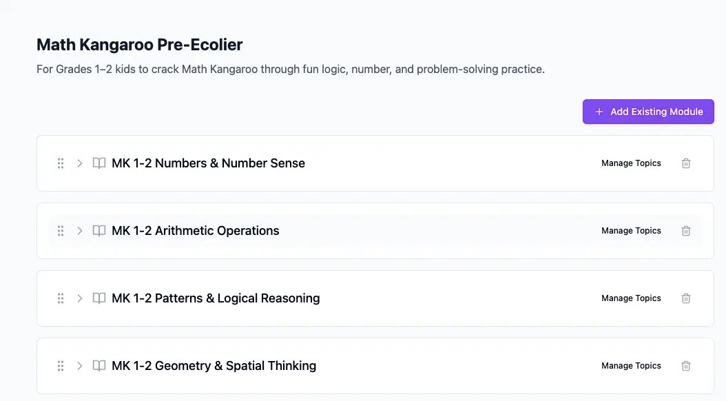Math Kangaroo course dashboard showing modules for Grades 1–2