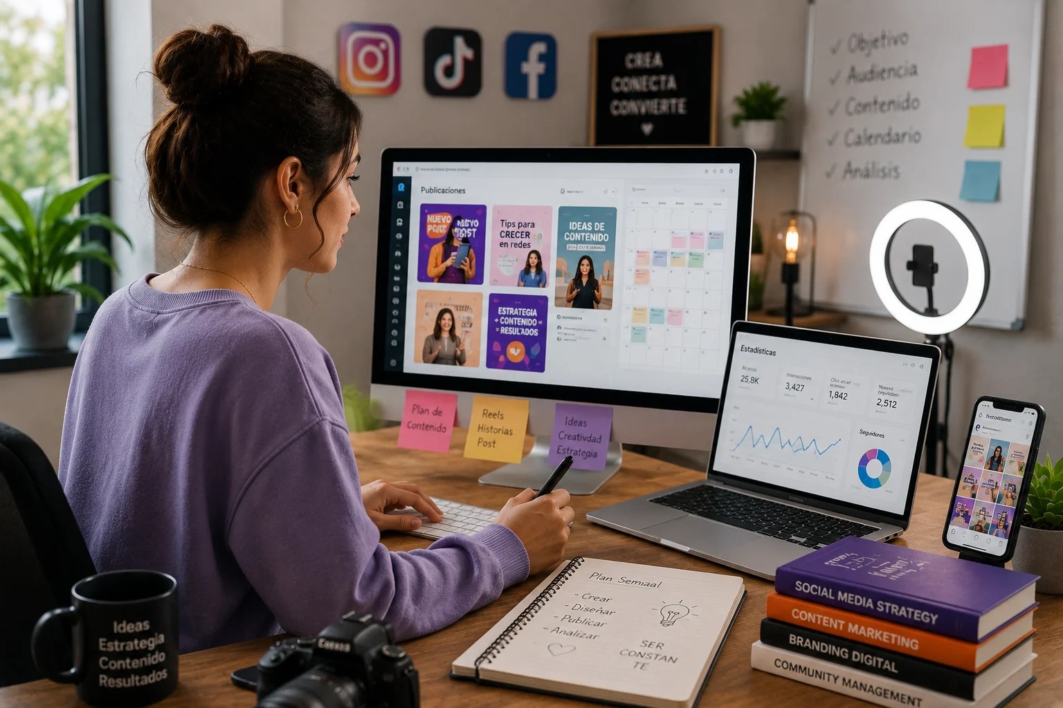 Social Media Manager planificando contenido, analizando métricas y gestionando redes sociales
