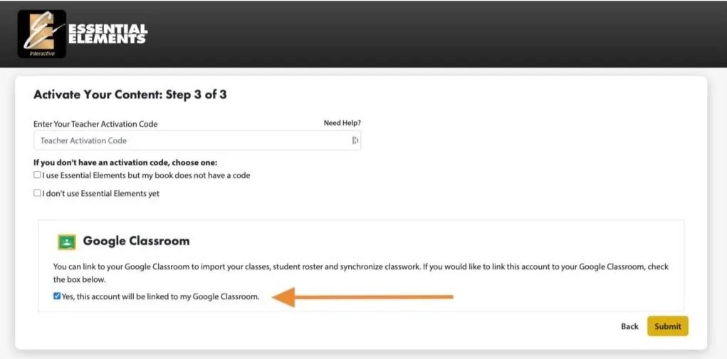 EEi Google Classroom activation screen