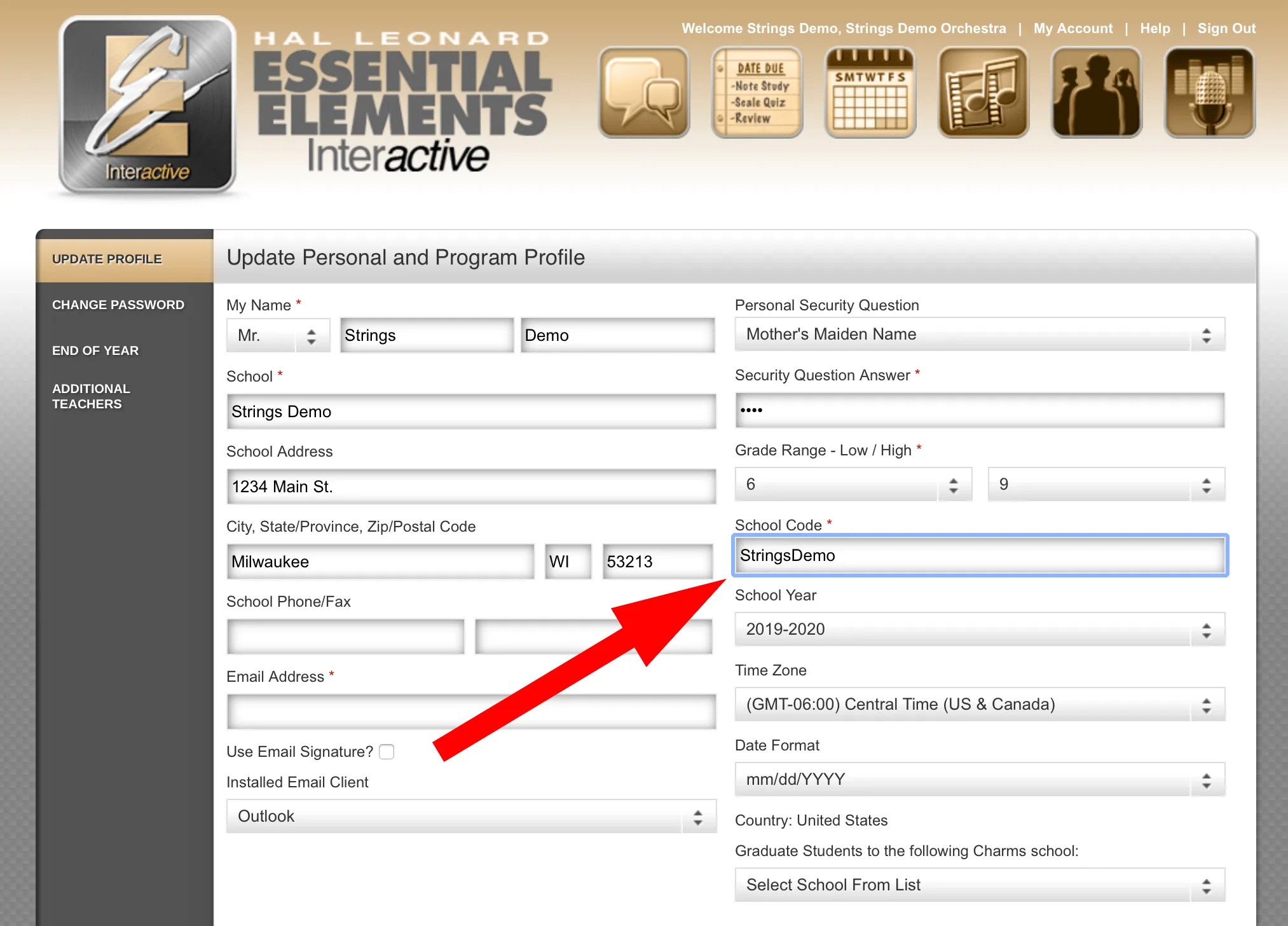 Enter your EEi School Code in account settings