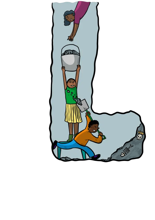 Three young people working together to excavate a tunnel under the site