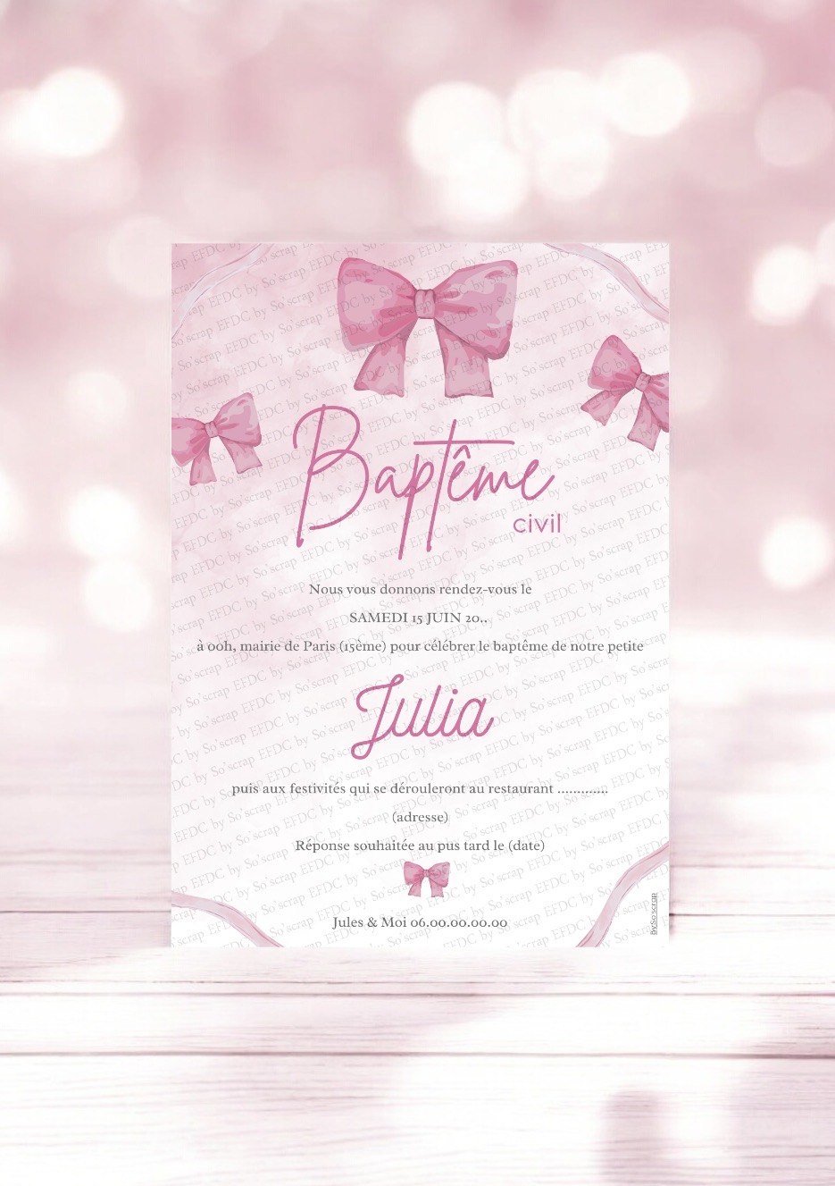 Faire-part & invitation de baptême – Nœud Rose/Canva | EFDC by So’scrap