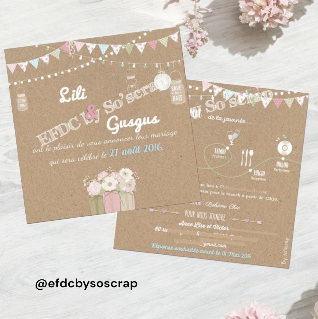 Faire-part de mariage bohème pastel chic – kraft, floral & fanions | EFDC by So’scrap