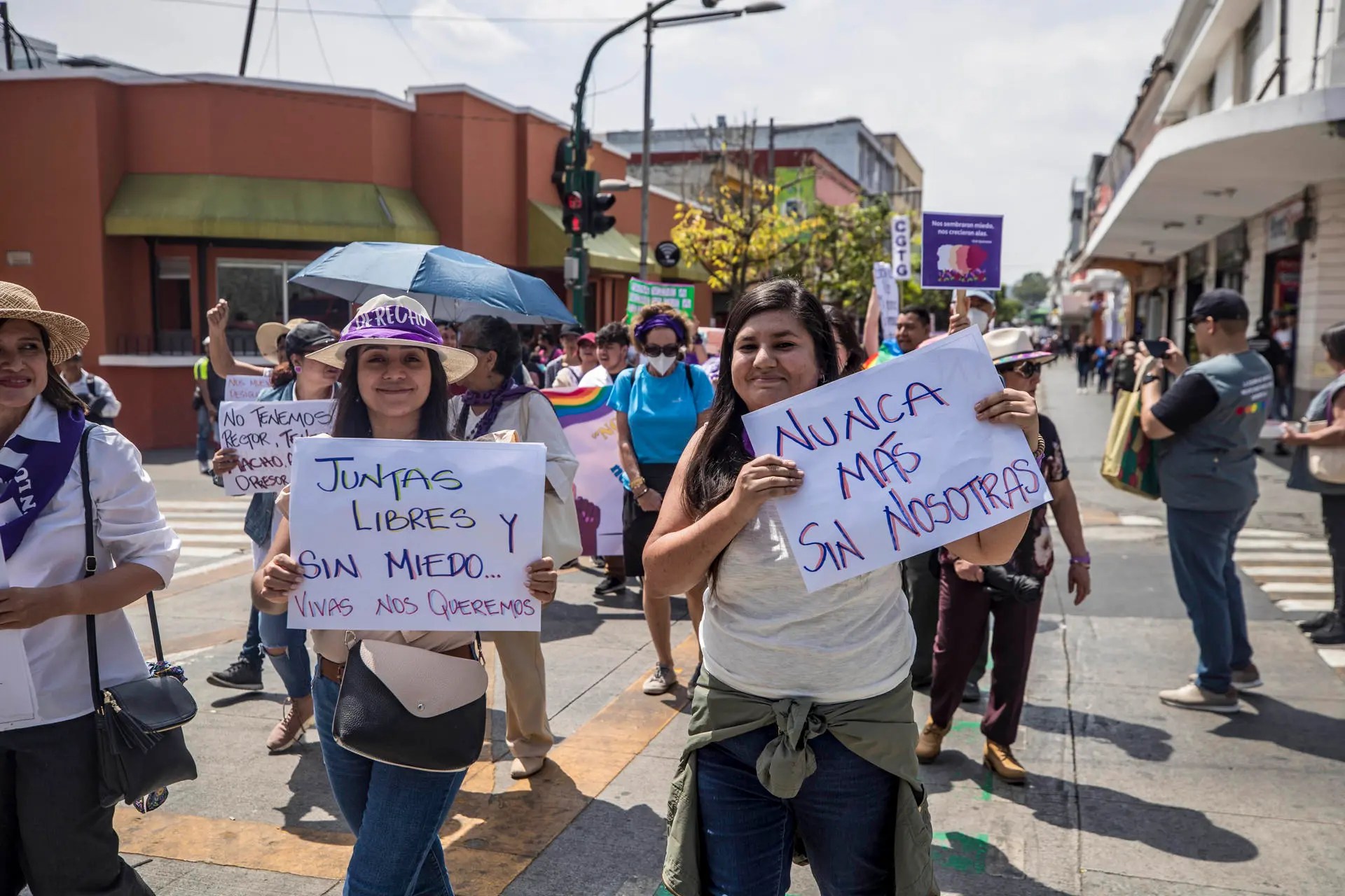 Members of feminist organizations march on March 8, 2023, in Guatemala City to demand justice in the case of a fire that killed 41 girls in 2017 at a state-run home. EFE/ Esteban Biba
