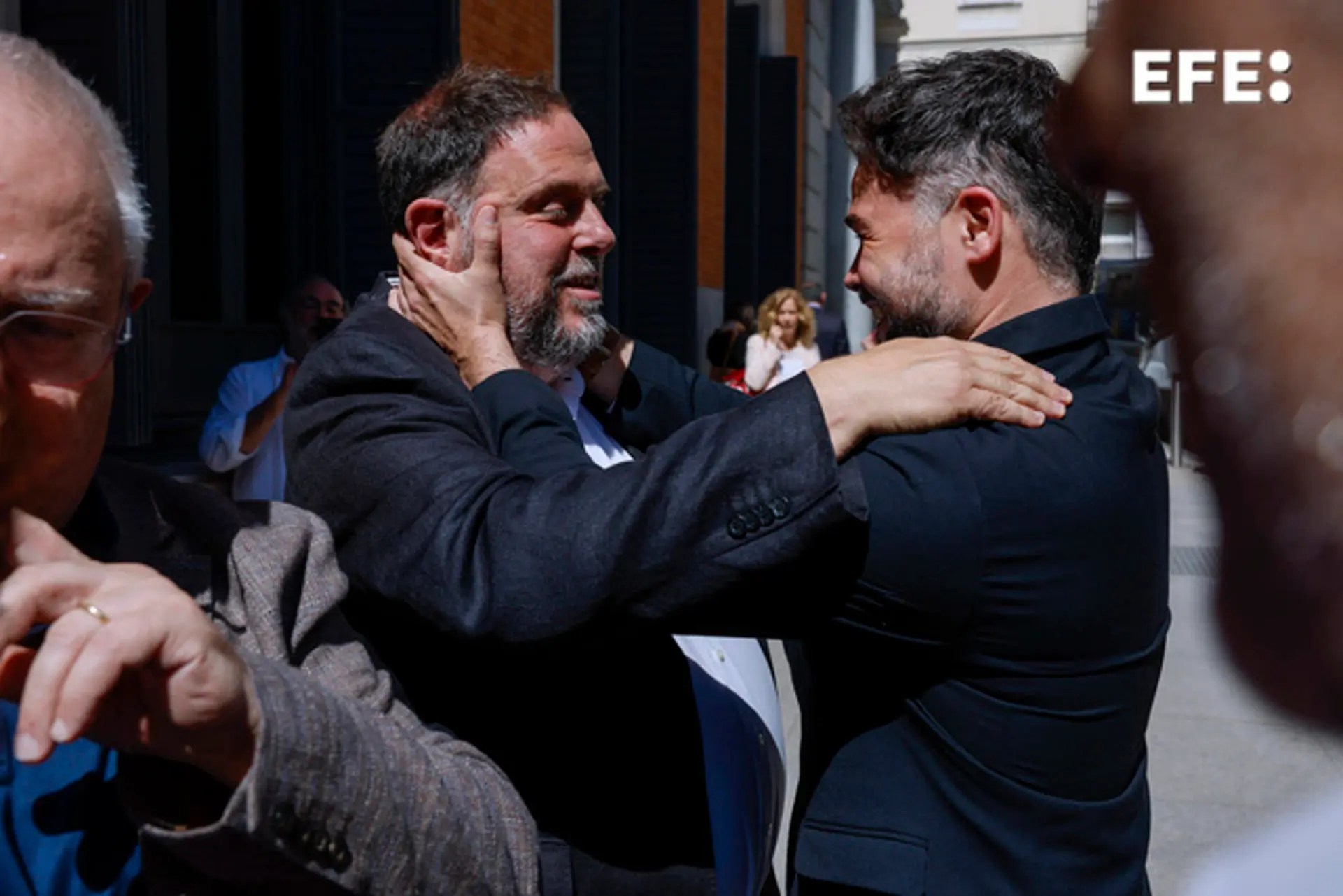 President of Catalan pro-independence ERC party Oriol Junqueras (L) and ERC MP Gabriel Rufian congratulate each other after the so-called Amnesty Law was approved at the Lower House in Madrid, Spain, 30 May 2024. EFE/ JJ Guillen
