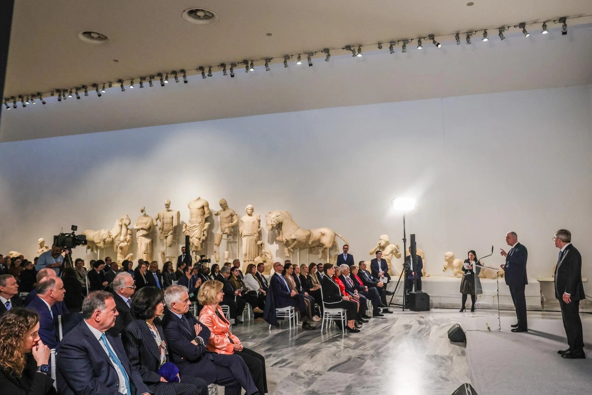 A handout photo made available by the Greek Presidential Office shows Greece's President Konstantinos Tasoulas (2-R), speaks before the start of the work of the 144th Session of the International Olympic Committee, at the archaeological museum in Ancient Olympia, Greece, 18 March 2025. EFE-EPA/THEODOR MANOLOPOULOS / GREEK PRESIDENTIAL OFFICE HANDOUT HANDOUT EDITORIAL USE ONLY/NO SALES
