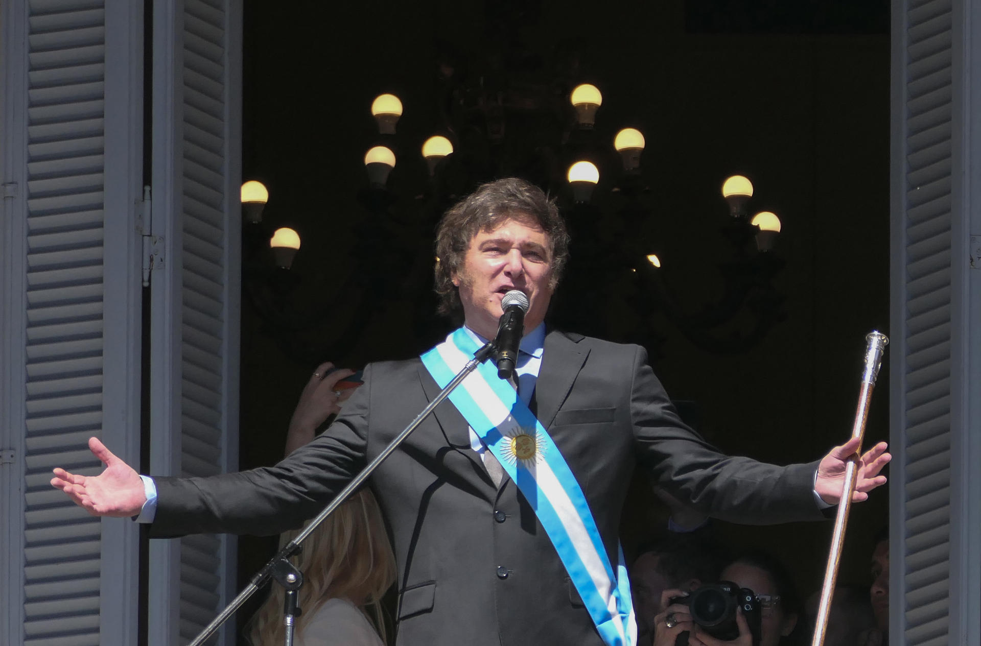 Argentina's president-elect, Javier Milei, walks out onto the balcony of the Casa Rosada to greet supporters in Buenos Aires, Argentina, on 10 December 2023. EFE/Enrique García Medina