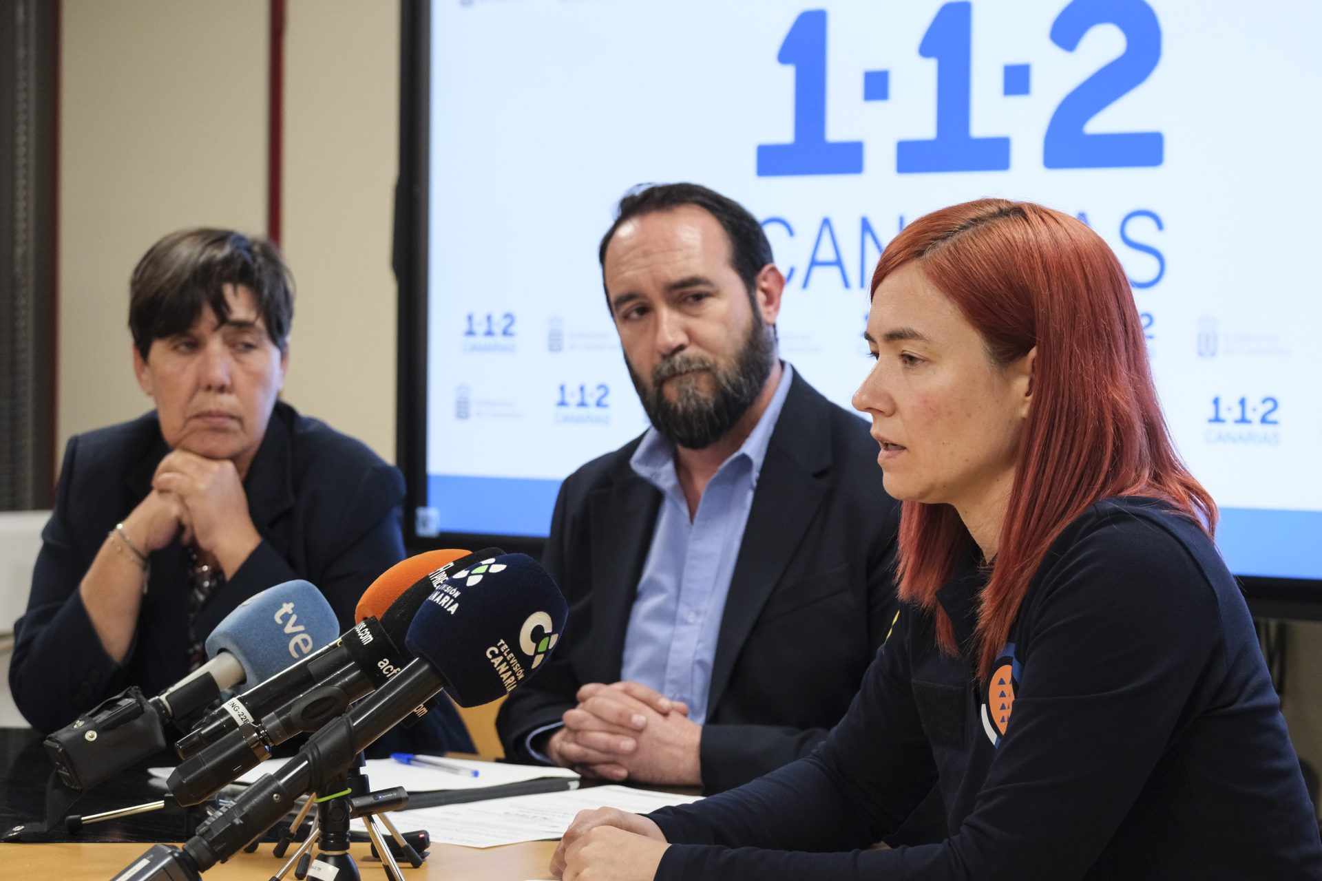 El viceconsejero de Cohesión Territorial y Aguas del Gobierno de Canarias, Marcos Lorenzo (c); la consejera de Medio Natural del Cabildo de Tenerife, Blanca Pérez (i); y la jefa del Servicio de Protección Civil de a comunidad autónoma, Montserrat Román (d). EFE/Alberto Valdés