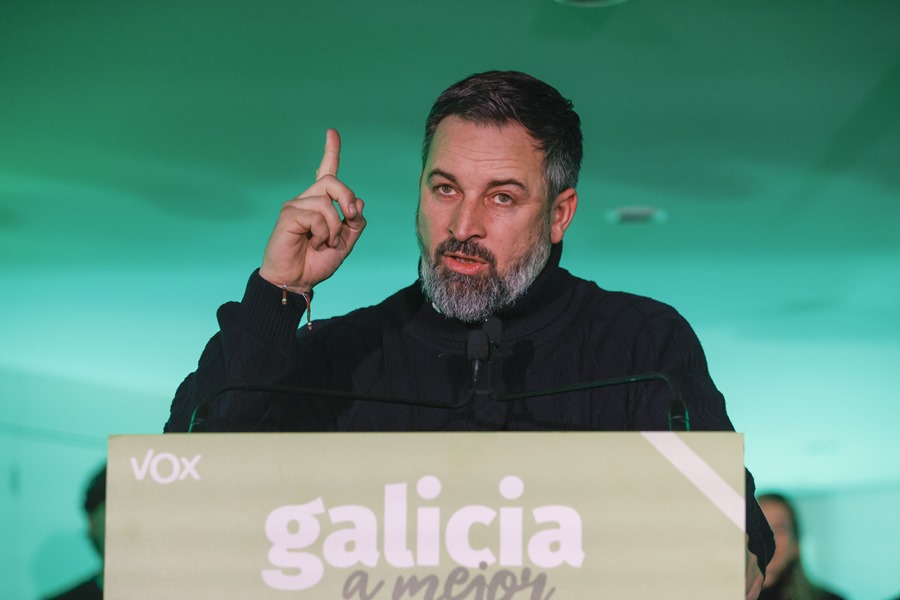 El presidente de Vox, Santiago Abascal, en un mitin en el hotel almirante de Ferrol.