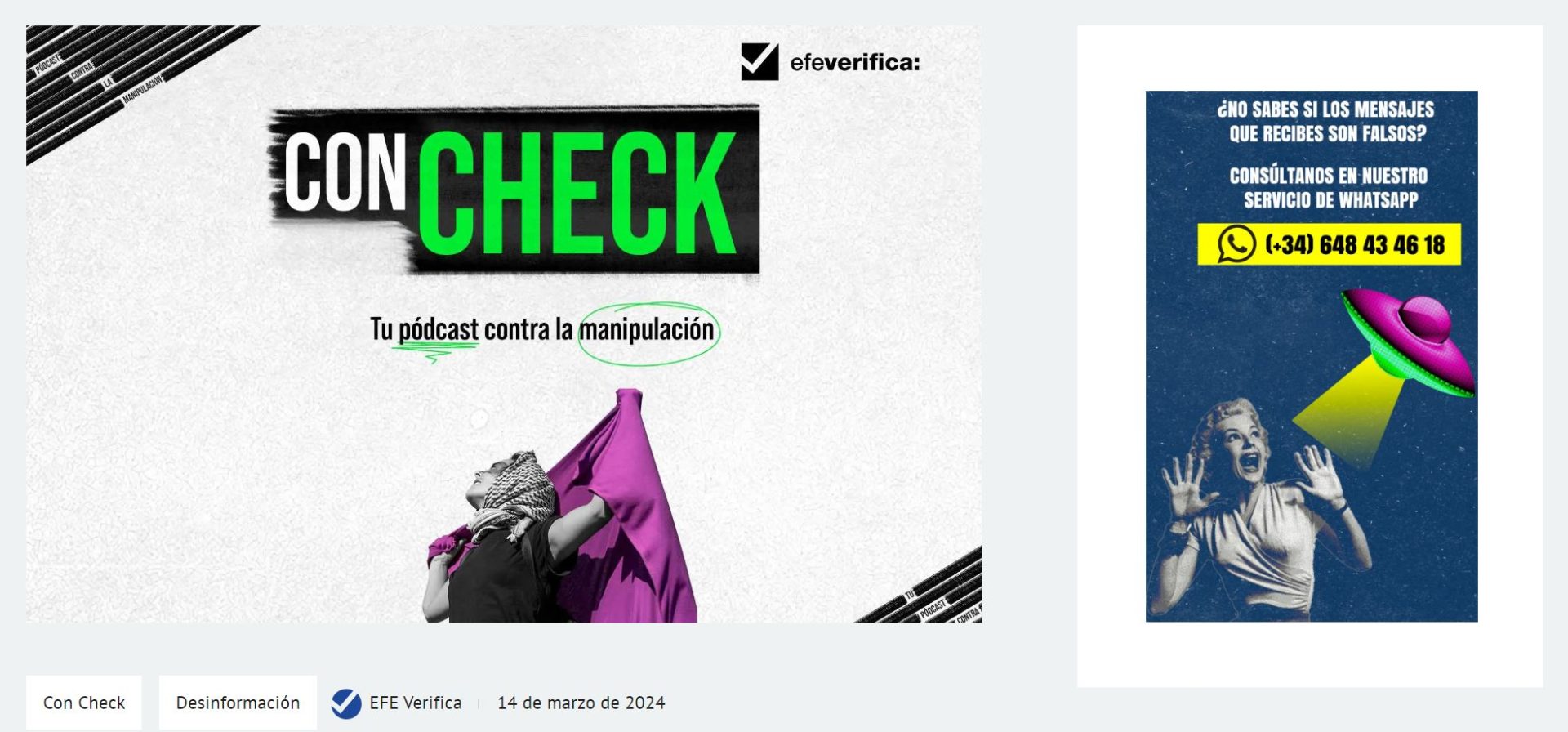 Captura de pantalla del sitio web de EFE Verifica "Con Check". EFE/ EFE Verifica