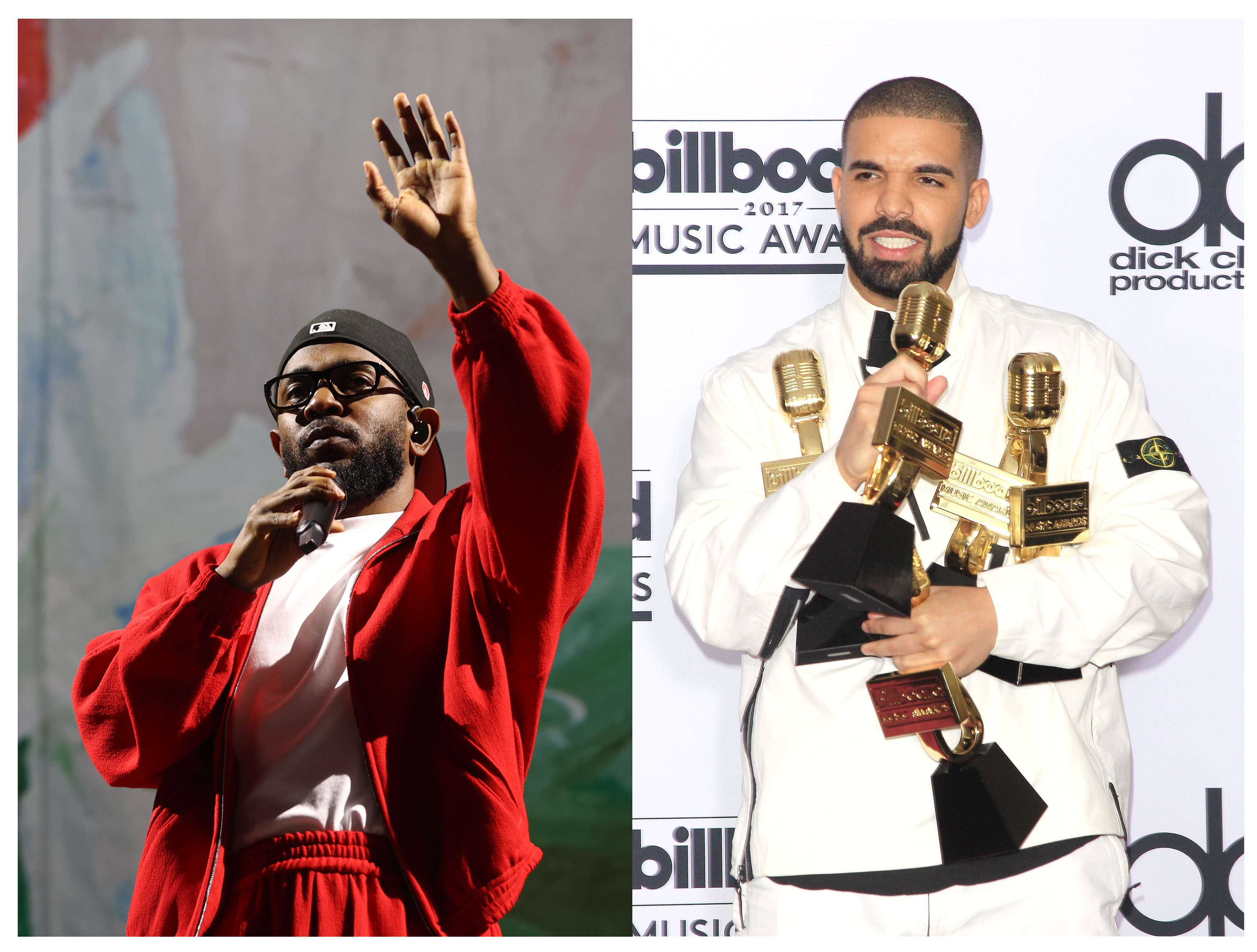 Combo de fotografías de archivo que muestra al músico estadounidense Kendrick Lamar (i) y al rapero canadiense Drake (d). EFE