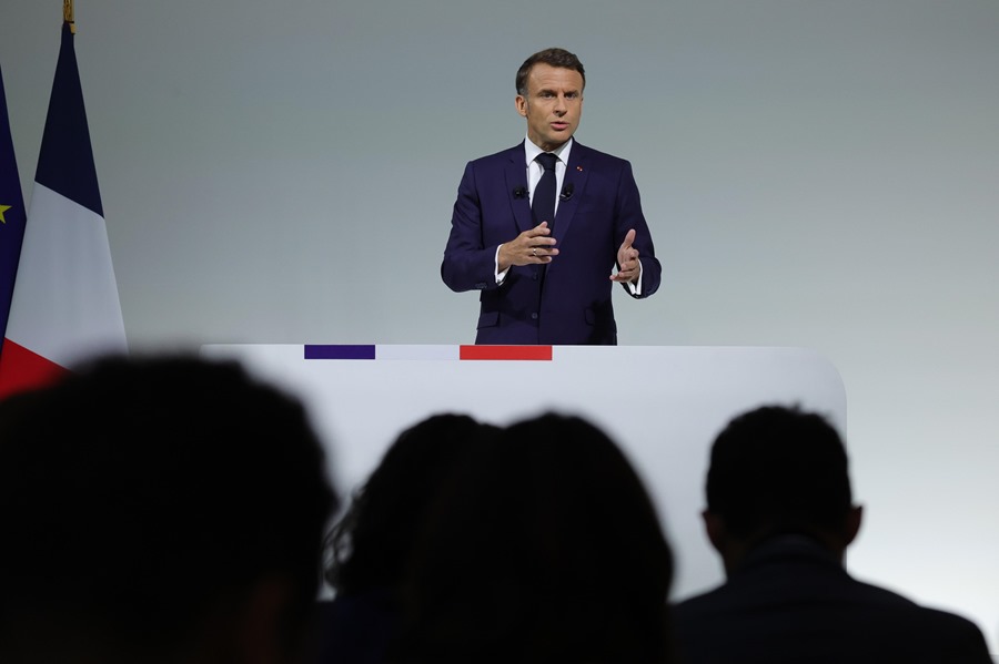 El presidente francés, Emmanuel Macron, en una comparecencia ante la prensa sobre la convocatoria de elecciones
