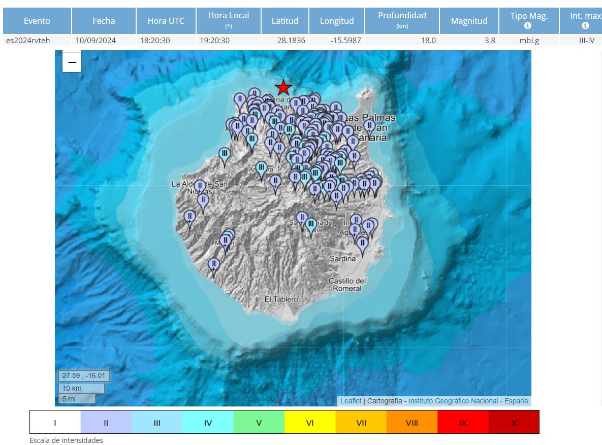 Captura de pantalla del sistema de información sobre seísmos del Instituto Geográfico Nacional, donde se muestra con una estrella roja el epicentro del seísmo del martes y las localidades donde se percibió y con qué intensidad en cada una. EFE