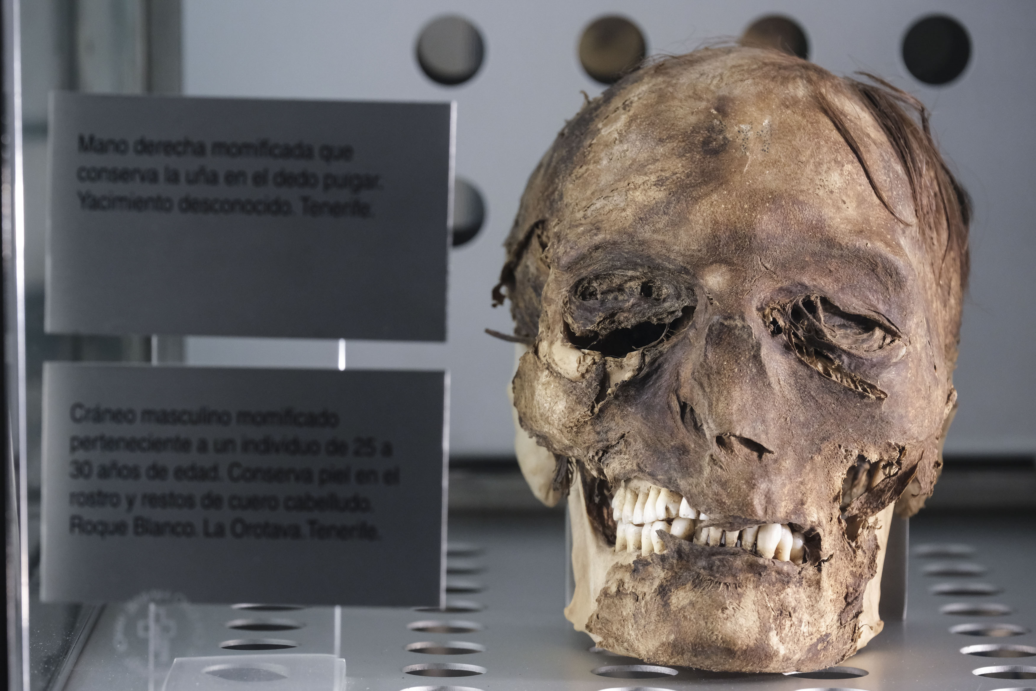 Restos momificados de los guanches, los antiguos habitantes de Tenerife, expuestos en el Museo de la Naturaleza y la Arqueología (MUNA) de Santa Cruz de Tenerife. EFE/Alberto Valdés