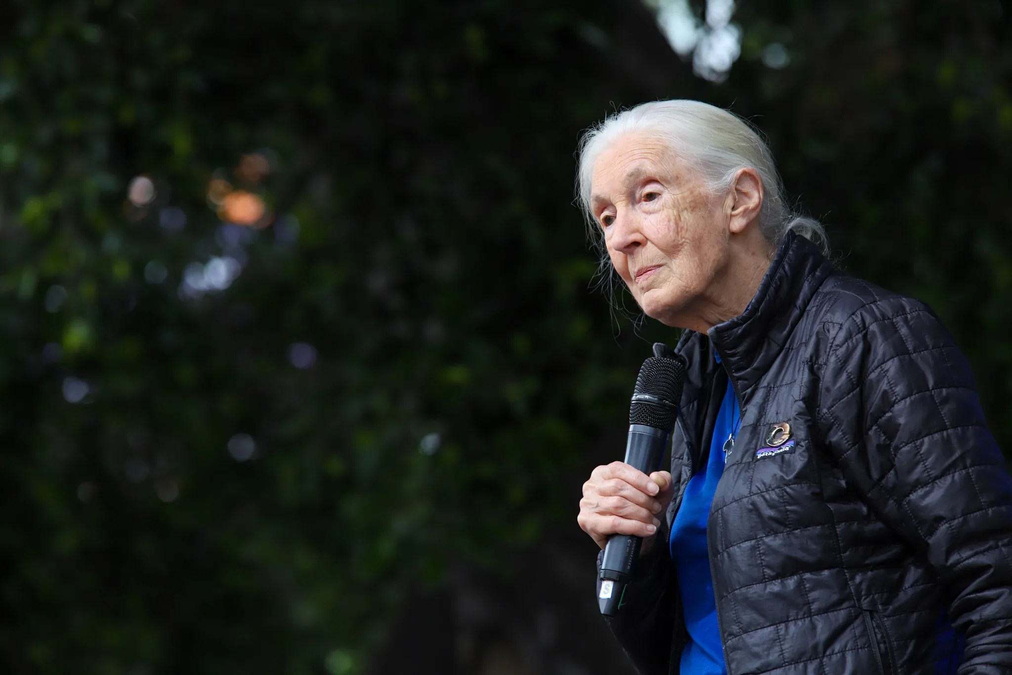 La etóloga y primatóloga, Jane Goodall, ofrece una charla frente a estudiantes y público general, en una imagen de archivo.