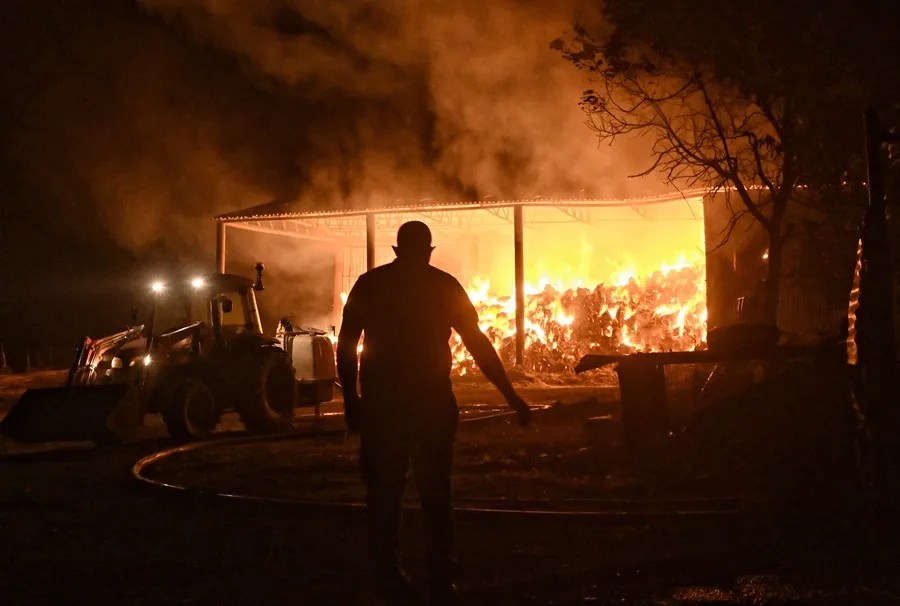 Bomberos y voluntarios combaten un almacén en llamas durante un incendio forestal en la aldea de Feneos, municipio de Corinto, Grecia.