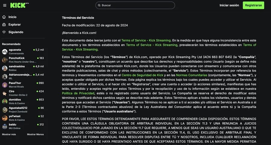 Captura de pantalla de la web de Kick.