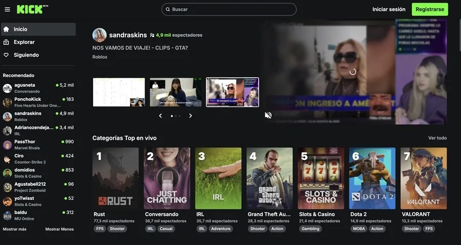 Captura de pantalla de la web de Kick.