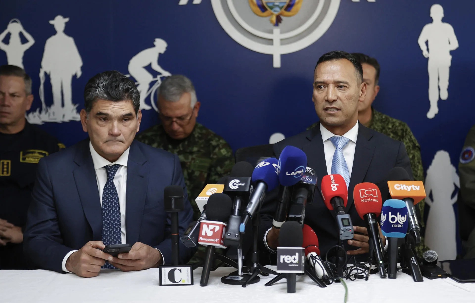 Attorney General Gregorio Eljach (L) and Colombia’s Minister of Defense, Pedro Sánchez, attend a press conference in Bogotá, Colombia, Aug. 26, 2025. EFE/ Mauricio Dueñas Castañeda
