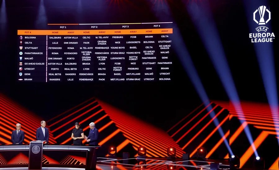 La pantalla muestra el calendario de los equipos del Bombo 4 de la UEFA Europa League durante los sorteos de la fase de grupos