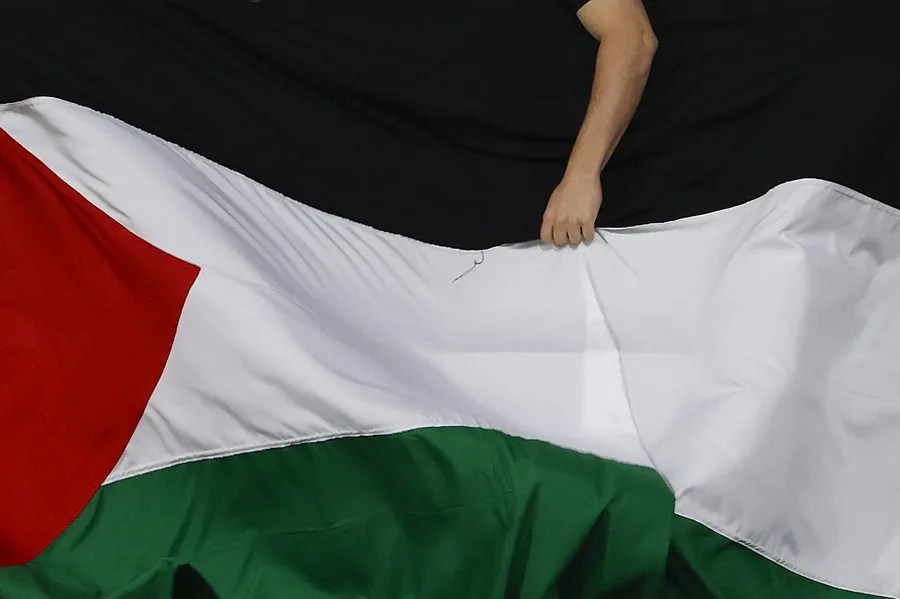 Un hincha agita una bandera de Palestina en un partido.