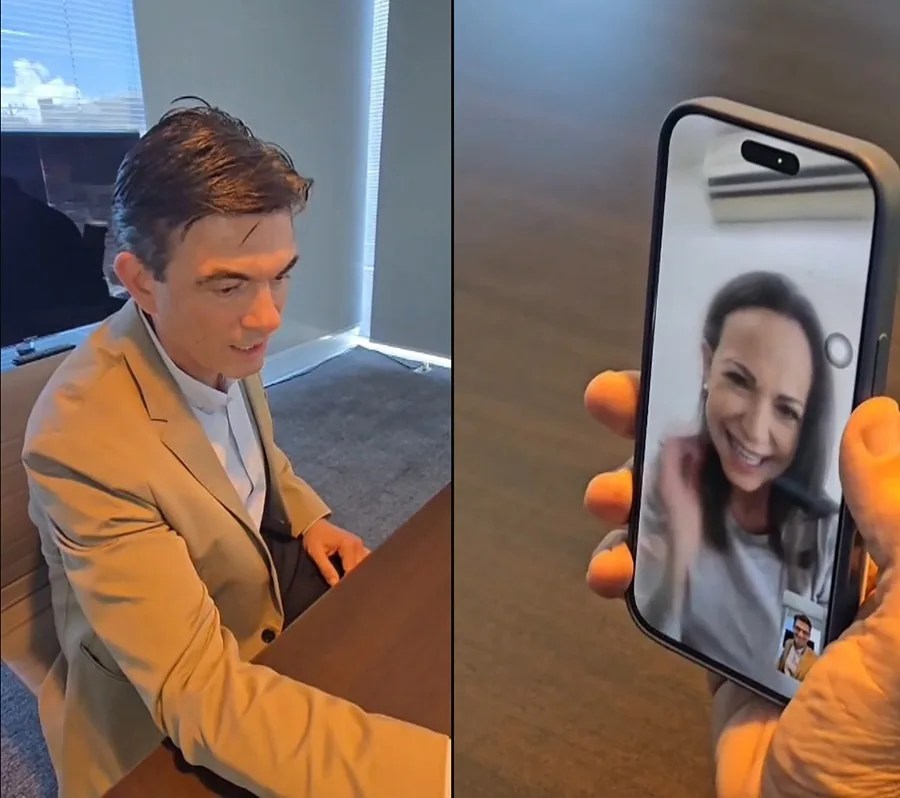 Captura de pantalla cedida por el Partido Demócrata Cristiano que muestra a Rodrigo Paz Pereira (i), ganador de la segunda vuelta presidencial en Bolivia, conversando este lunes por teléfono con la líder opositora venezolana y Premio Nobel de la Paz, María Corina Machado. EFE/ Partido Demócrata Cristiano