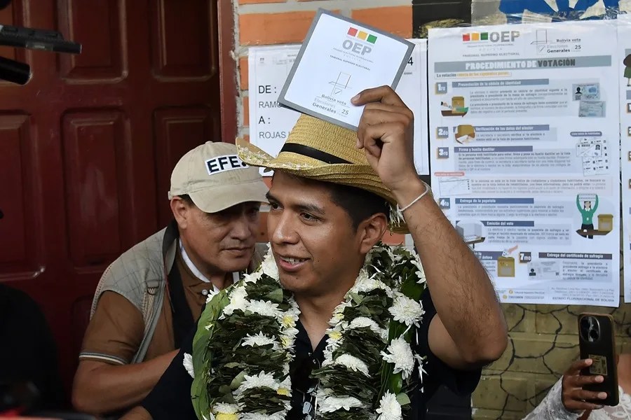 Fotografía de archivo del candidato a la Presidencia de Bolivia por la Alianza Popular Andrónico Rodríguez en las elecciones generales en Entre Ríos (Bolivia). EFE/Jorge Abrego