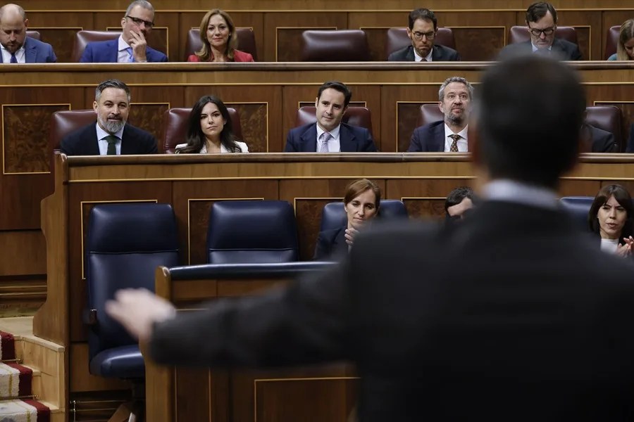 El líder de Vox, Santiago Abascal (i, arriba), escucha la intervención del presidente del Gobierno, Pedro Sánchez (d, delante),