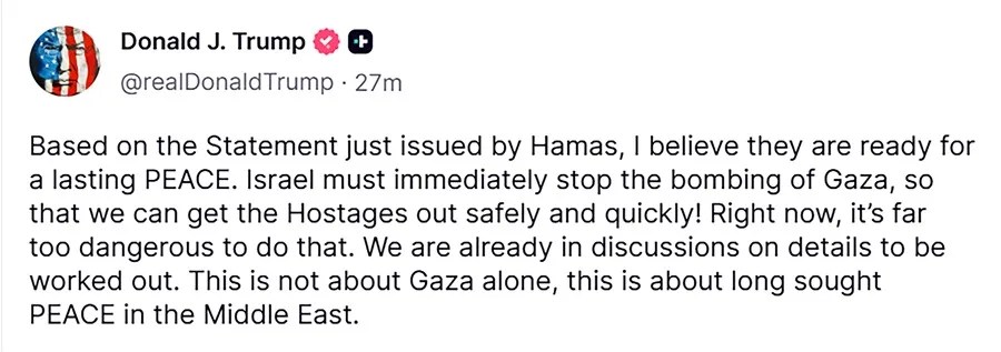 Captura de pantalla de la red social Truth Social de la cuenta oficial del presidente de Estados Unidos, Donald Trump @realDonaldTrump