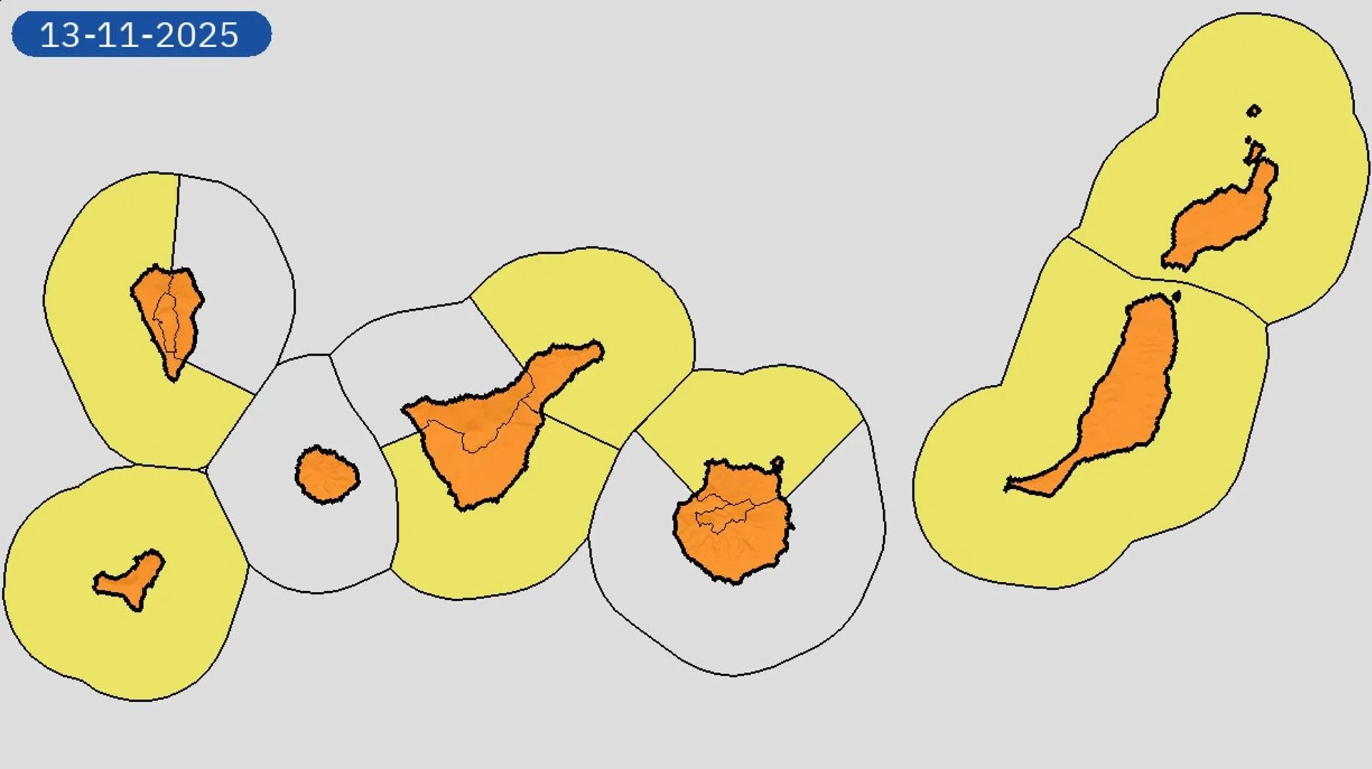 Mapa de avisos de riesgo para este jueves en Canarias difundido por la Agencia Estatal de Meteorología. EFE/Aemet