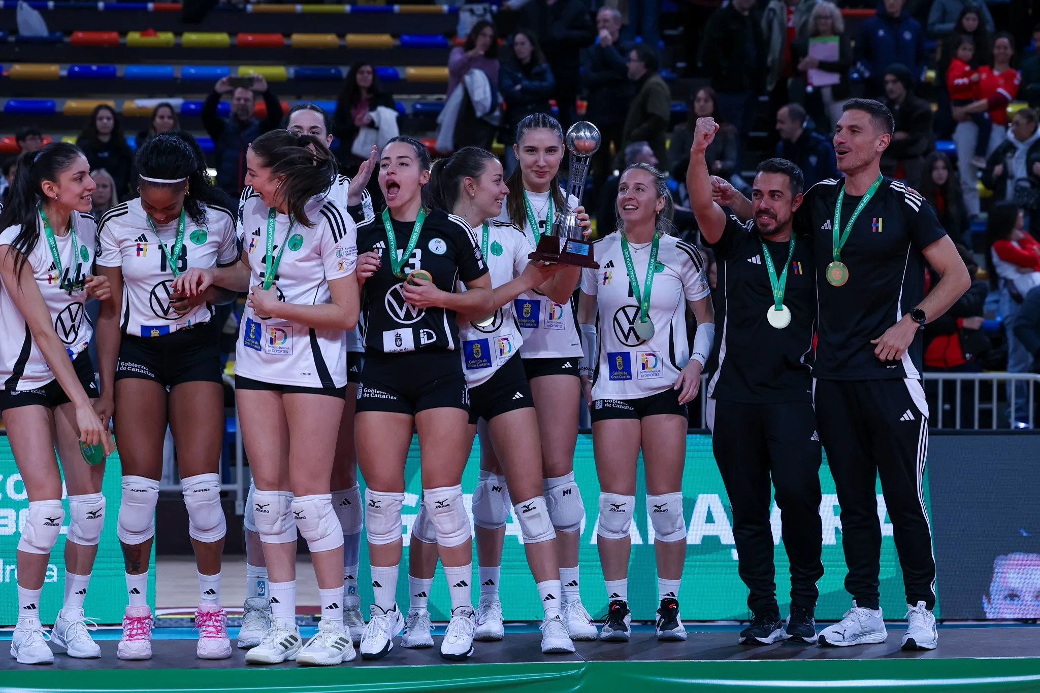 Las jugadoras del Heidelberg Volkswawegen celebran el título conseguido contra el Avarca Menorca, en una imagen facilitada por la Real Federación Española de Voleibol. EFE/RFEVB