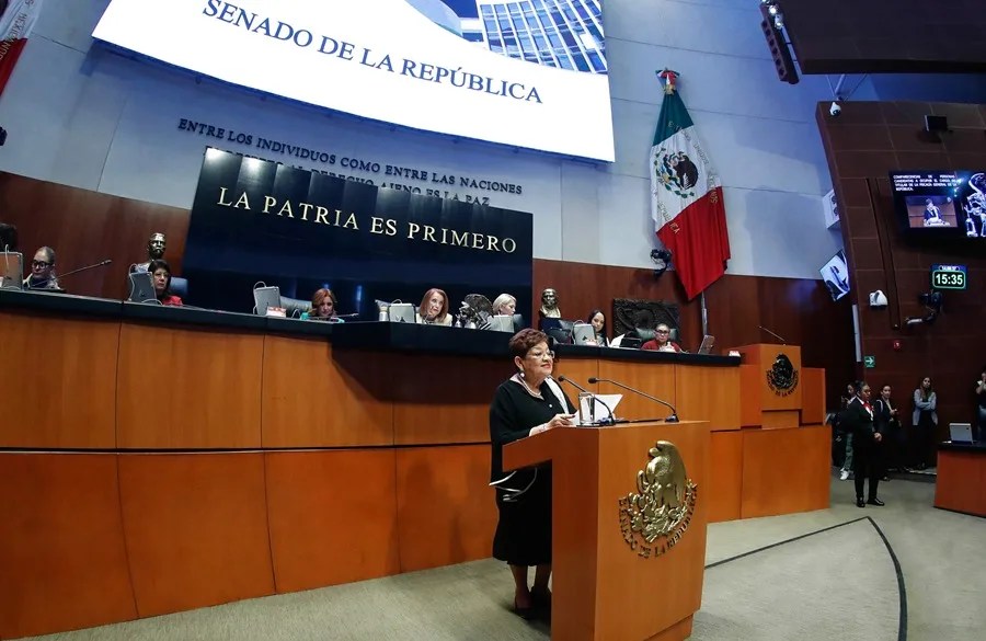 Fotografía cedida por la Cámara de Senadores de México de Ernestina Godoy hablando durante una comparecencia este miércoles, en Ciudad de México (México). EFE/Cámara de Senadores