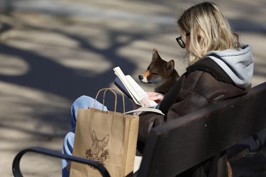 Una mujer lee un libro en un banco en la plaza de España