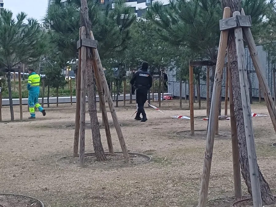 Imagen del cuerpo hallado a primera hora de este lunes en el parque de Madrid Río.