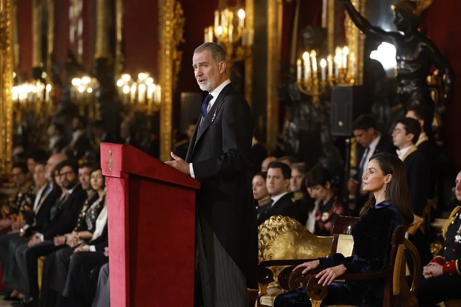 El rey Felipe VI durante su intervención en la tradicional recepción de los reyes al cuerpo diplomático