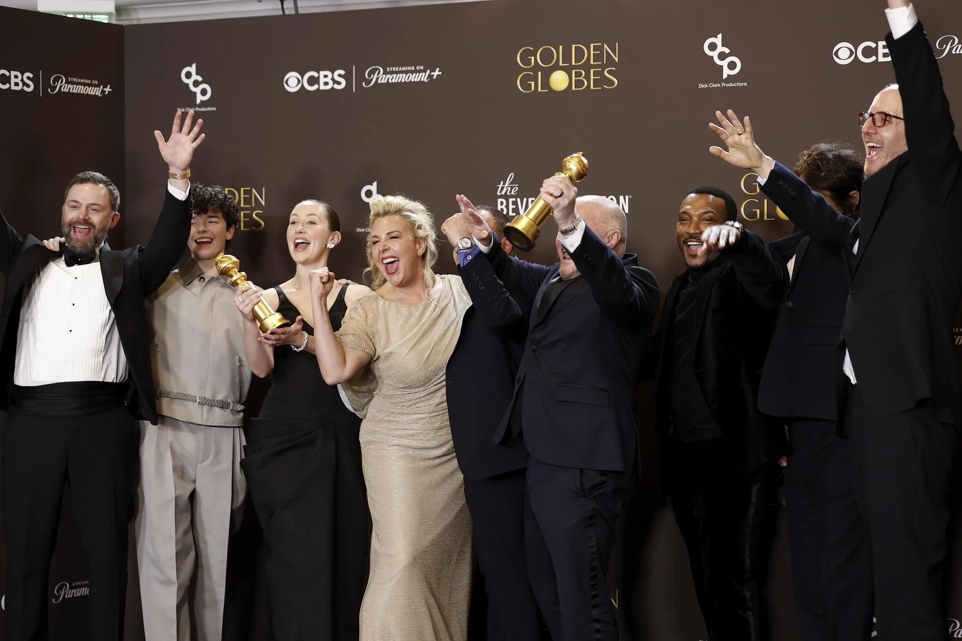 (L-R) British producer Philip Barantini, British actors Owen Cooper, Erin Doherty, Hannah Walters, Stephen Graham, British film producer Mark Herbert, British actor Ashley Walters, US film producer Jeremy Kleiner and British screenwriter Jack Thorne pose with the Best Television Limited Series, Anthology Series, or Motion Picture Made for Television award for 'Adolescence' during the 83rd annual Golden Globe Awards ceremony at the Beverly Hilton Hotel in Beverly Hills, California, USA, 11 January 2026. EFE/EPA/CHRIS TORRES