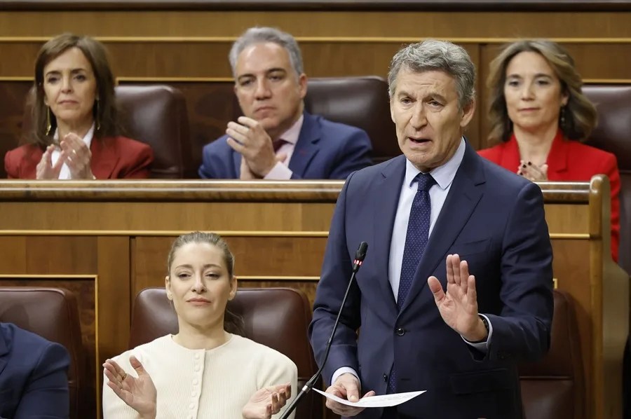 El líder del PP, Alberto Núñez Feijóo, durante su intervención en la sesión de control al Ejecutivo