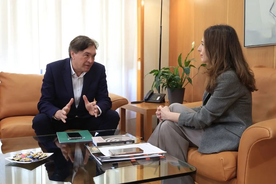 La presidenta de las Cortes de Aragón, María Navarro, recibe al portavoz de Aragón Teruel Existe, Tomás Guitarte, hoy en Zaragoza.