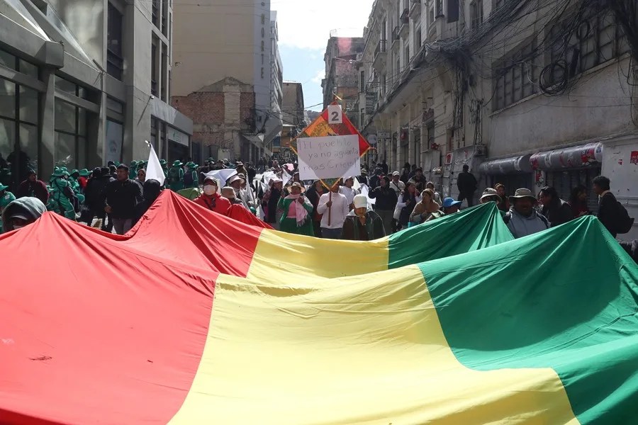 Fotografía de archivo de personas con una bandera de Bolivia durante una marcha en La Paz (Bolivia). EFE/ Luis Gandarillas
