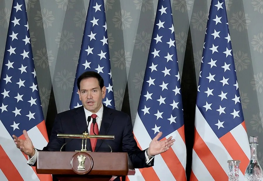 Fotografía de archivo del secretario de Estado de EE.UU., Marco Rubio, en una rueda de prensa en la Hyderabad House de Nueva Delhi, India. EFE/EPA/RAJAT GUPTA