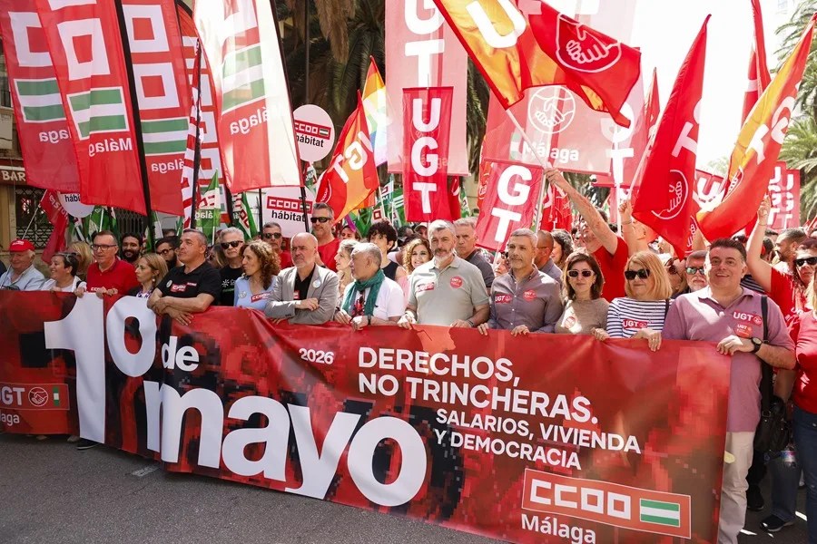 Vista de la manifestación convocada por el Día Internacional del Trabajo, este viernes, en Málaga.