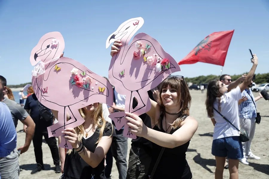 Manifestantes muestran siluetas de flamencos en el área planificada para el proyecto del complejo turístico costero vinculado a Jared Kushner, cerca de Vlora, Albania.
