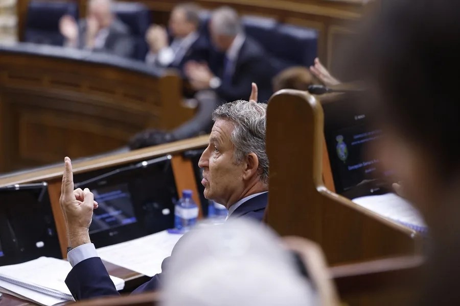 El líder del partido, Alberto Núñez Feijóo (c), durante el pleno del Congreso
