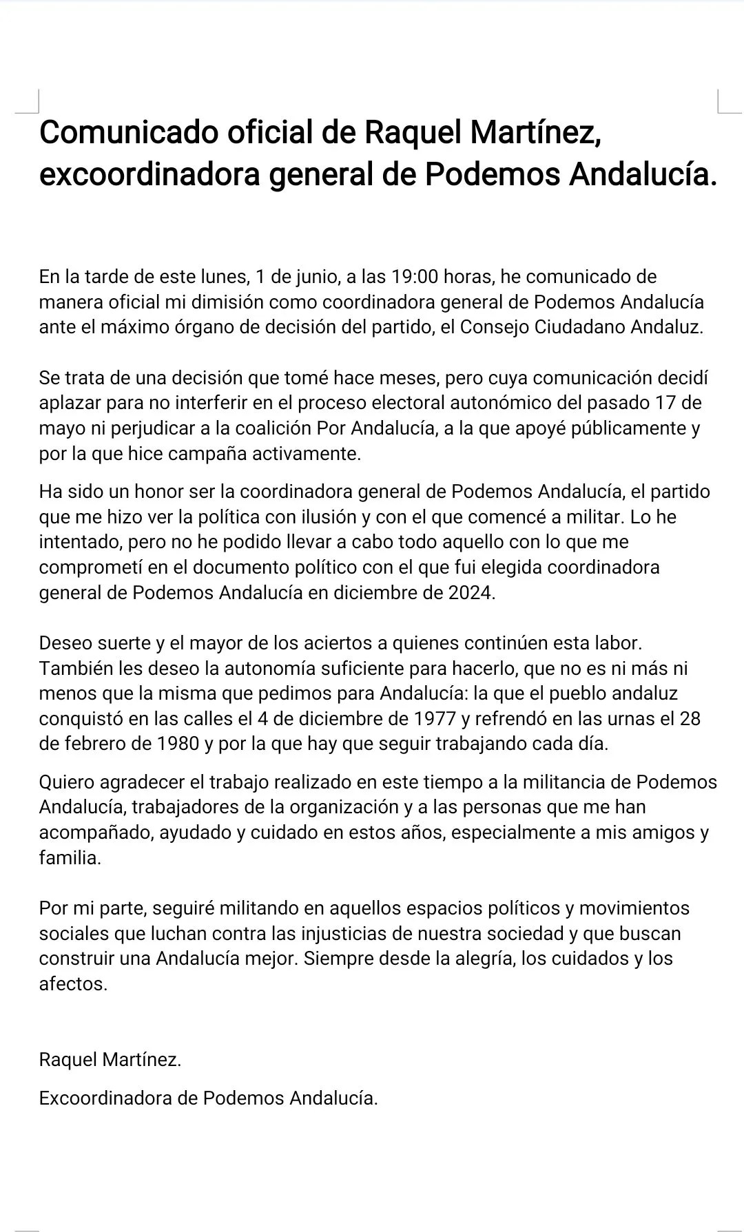 Carta que ha remitido Raquel Martínez.