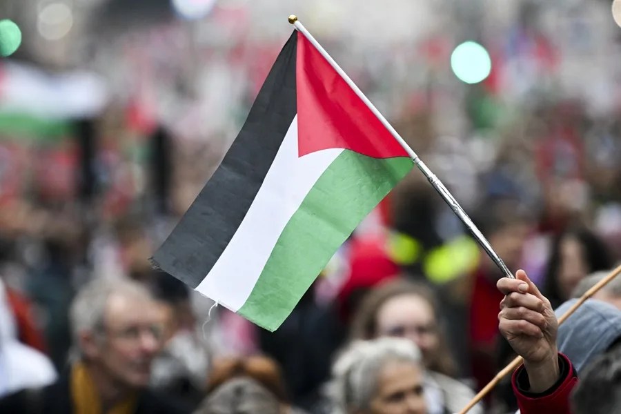 Un manifestante ondea una bandera palestina durante una manifestación nacional en solidaridad con el pueblo palestino