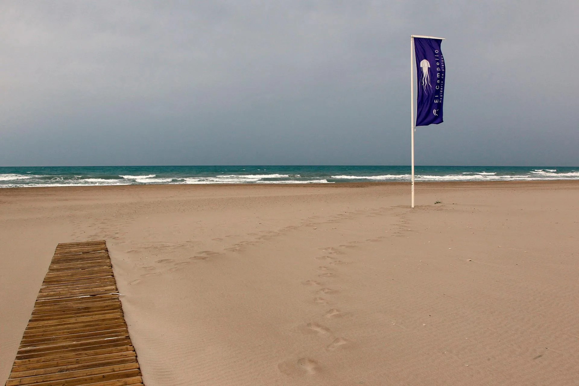 Banderas de la posible presencia de medusas 'Carabela portuguesa' en la playa de Muchavista de El Campello. EFE/MORELL/Archivo
