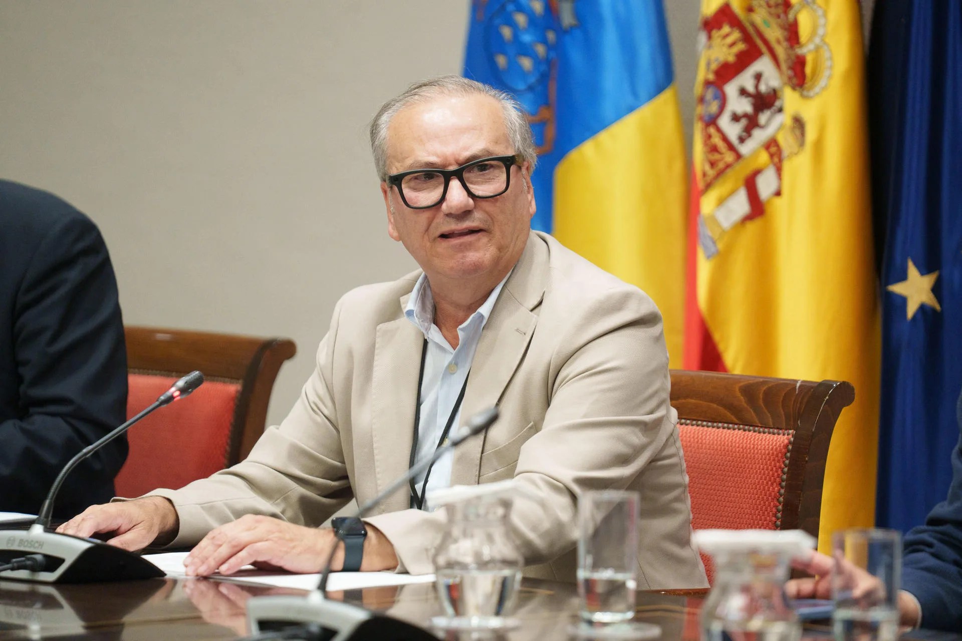 El presidente de la Sociedad Española de la Obesidad (SEEDO), Diego Bellido Guerrero, durante su intervención este martes en comisión parlamentaria para informar de dos informes elaborados sobre el impacto económico y los determinantes de la obesidad, con especial foco en su incidencia en las Islas Canarias, para impulsar su abordaje integral. EFE/Ramón de la Rocha