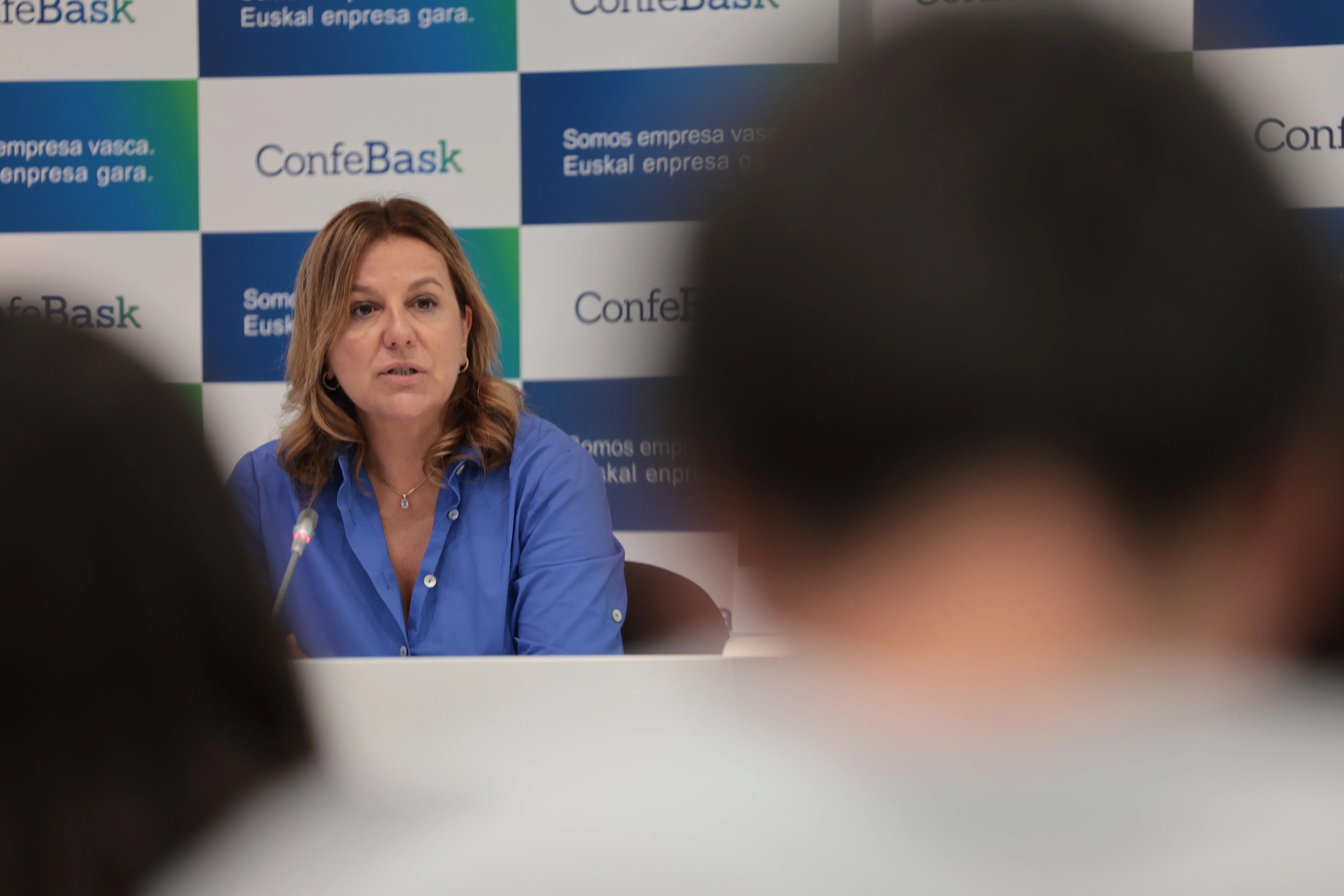GRAFCAV6737. BILBAO, 22/07/2026.-La presidenta de Confebask, Tamara Yagüe, en rueda de prensa este miércoles con motivo de la reunión del Consejo General de la patronal vasca. EFE/Luis Tejido